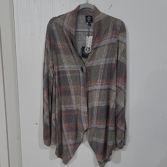 bobeau Sweaters - Bobeau Womens Gray Pink Plaid Pointed Hem Cardigan Jacket Size XL New With Tags